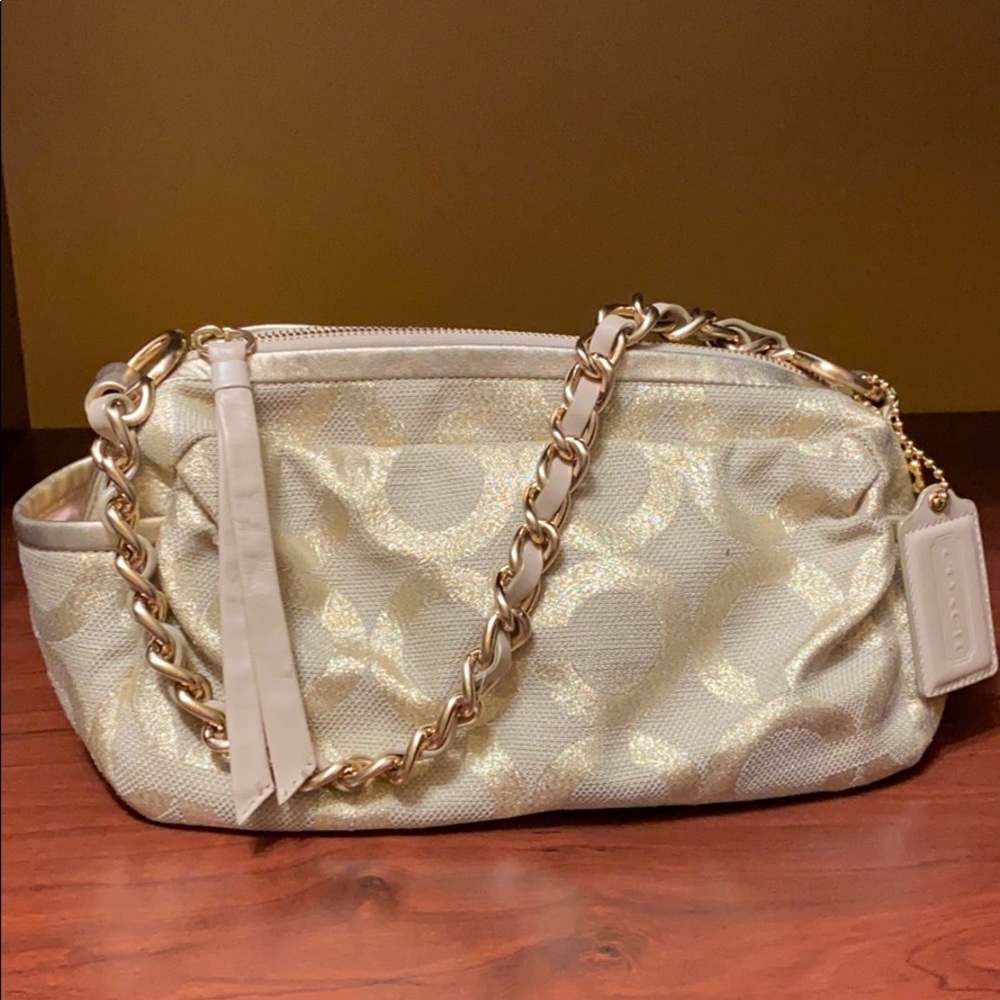 Coach gold canvas purse with gold chain